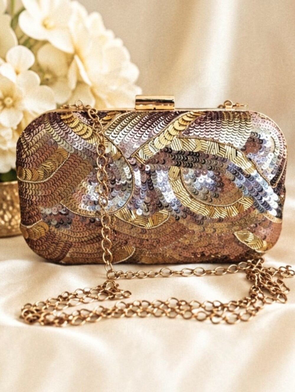 Lulu Multicolored Gold Sequin Hard Case Evening Clutch Crossbody Bag